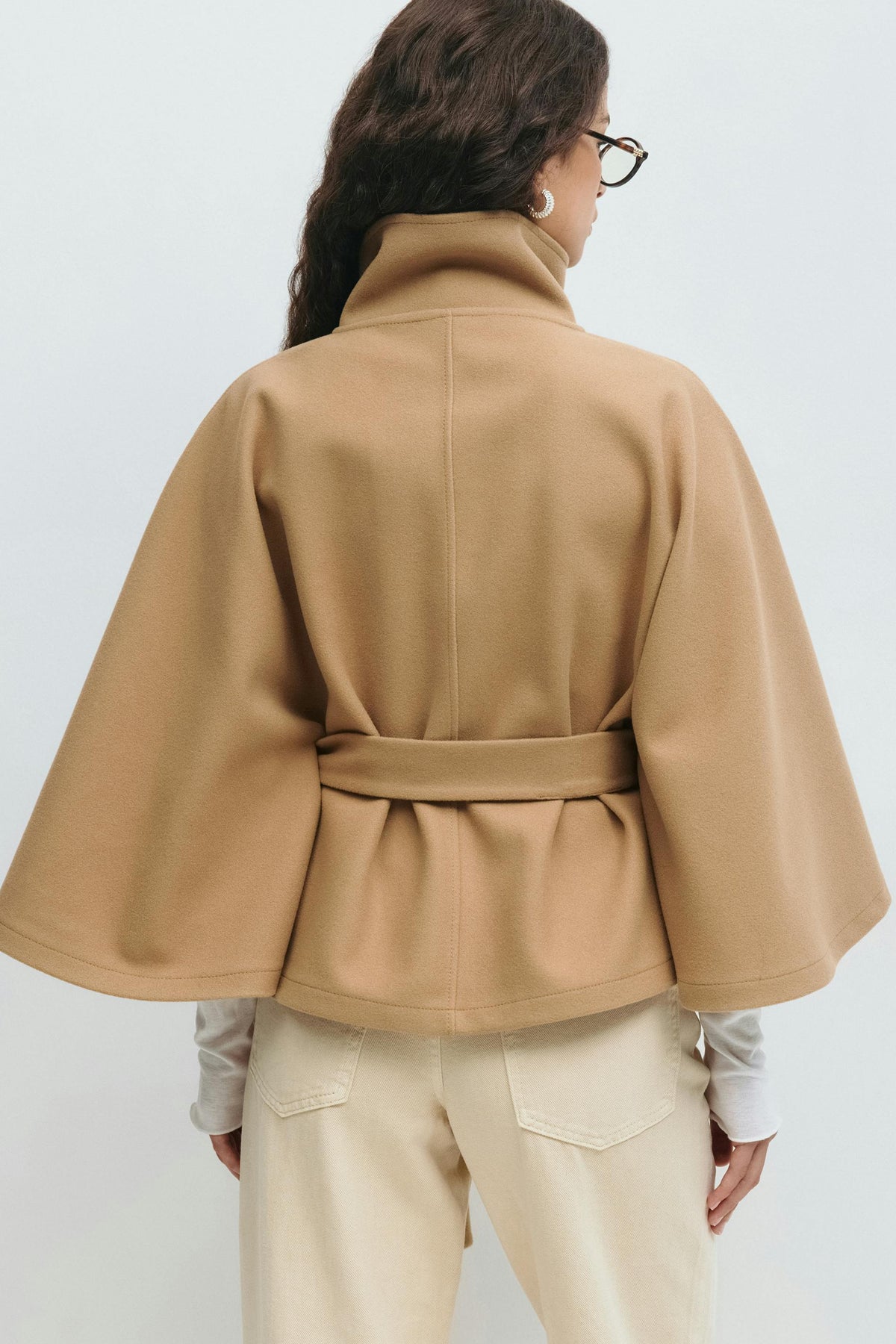 Women's Belted Cape Coat in Khaki - alternate angle showing fit and fabric detail