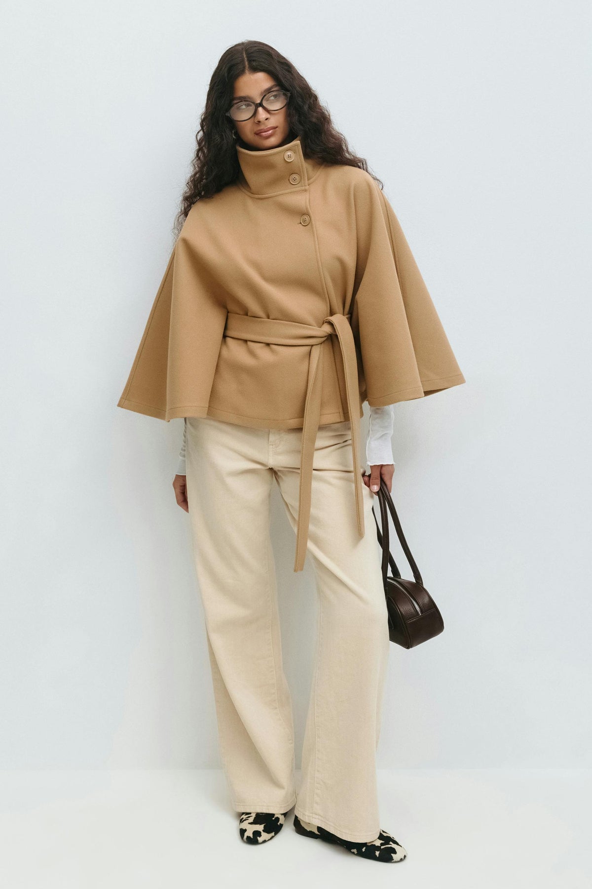 Women's Belted Cape Coat in Khaki - alternate angle showing fit and fabric detail