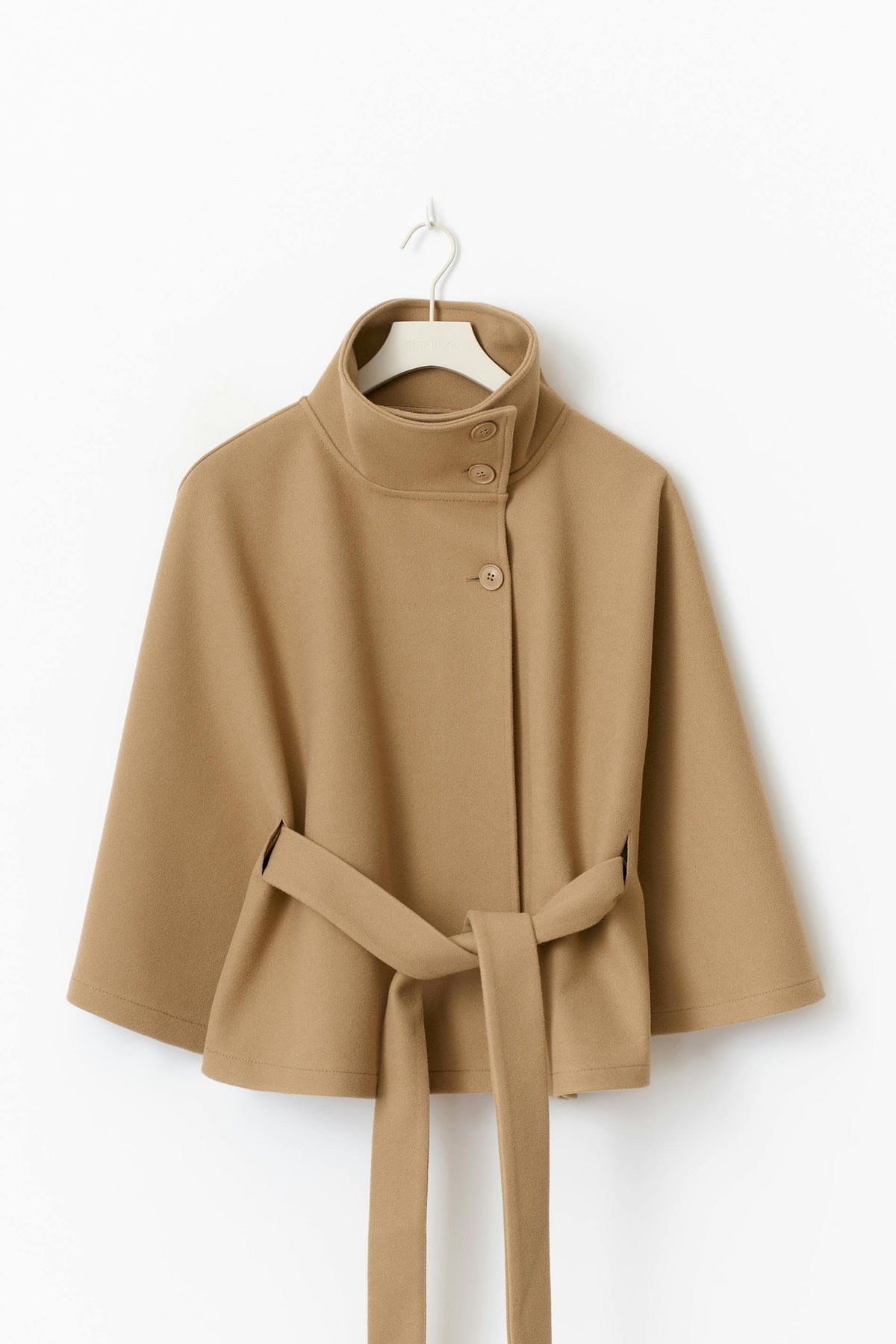 Women's Belted Cape Coat in Khaki - alternate angle showing fit and fabric detail