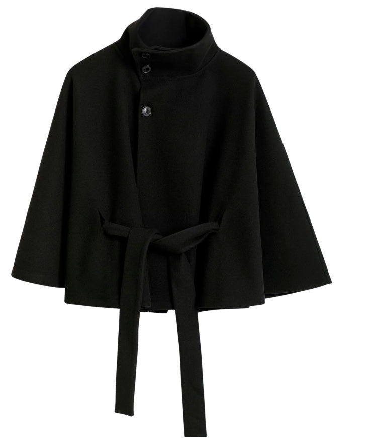 Women's Belted Cape Coat in Khaki - alternate angle showing fit and fabric detail