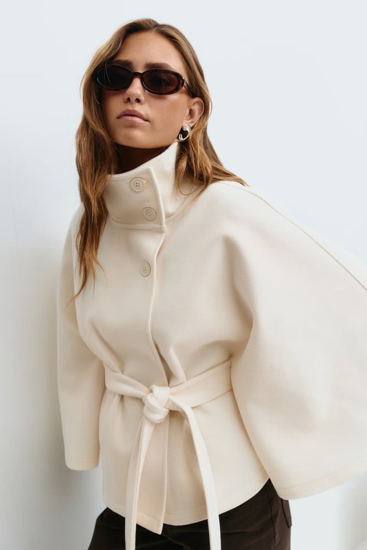 Women's Belted Cape Coat in Cream - front view