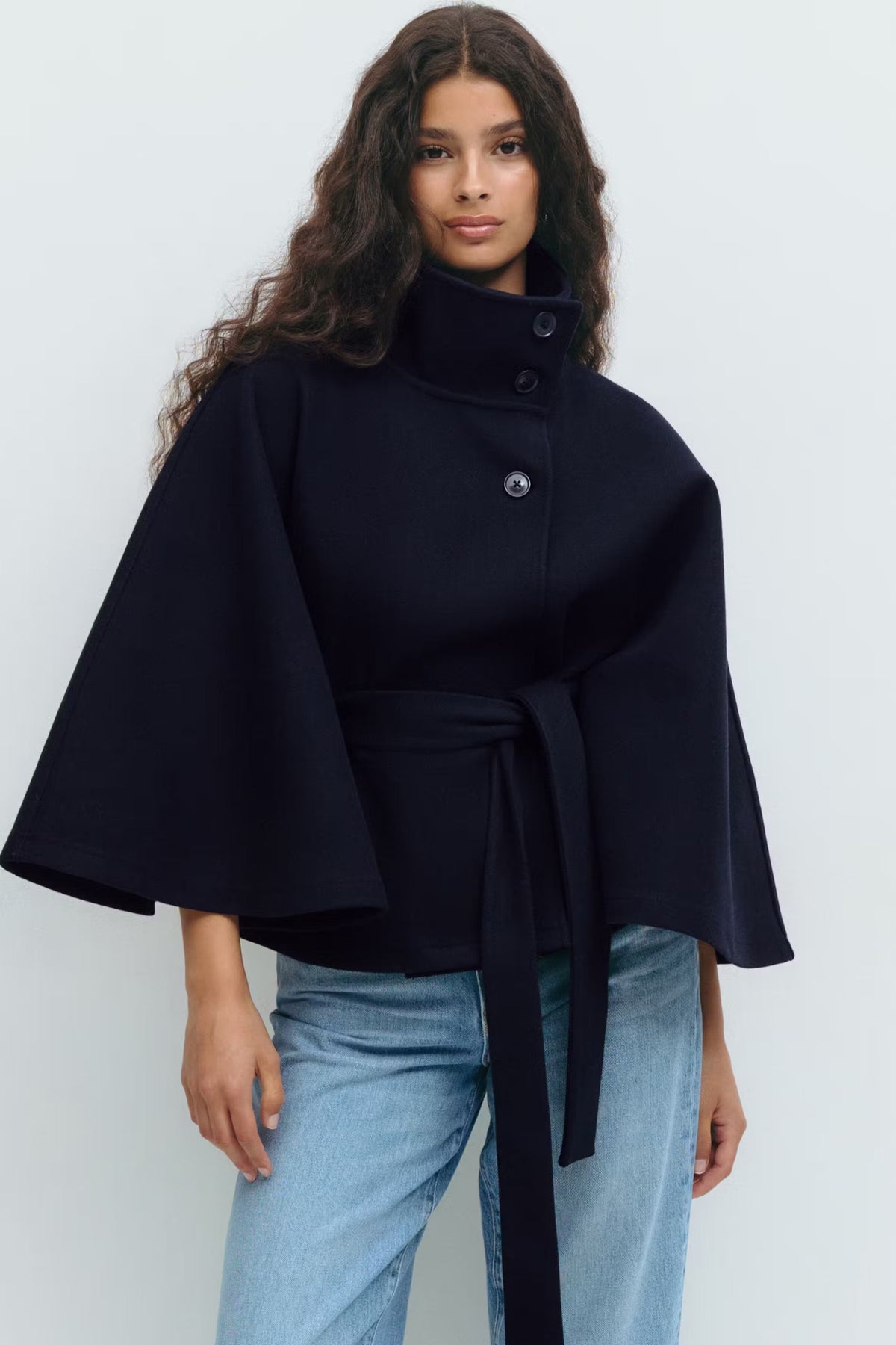 Women's Belted Cape Coat in Navy Blue - front view