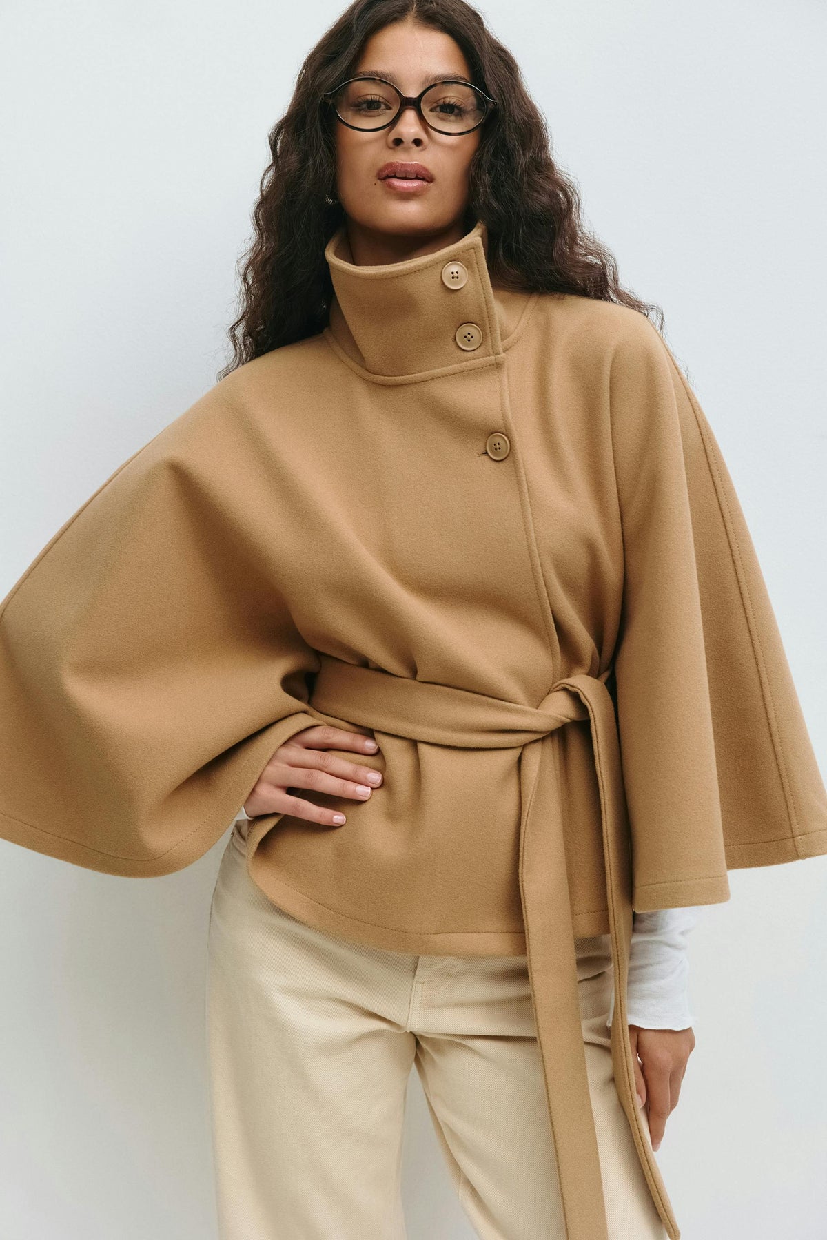 Women's Belted Cape Coat in Khaki - front view