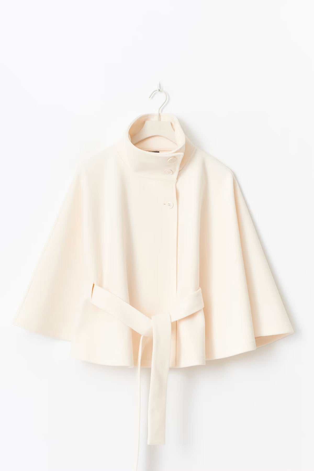 Women's Belted Cape Coat in Khaki - alternate angle showing fit and fabric detail