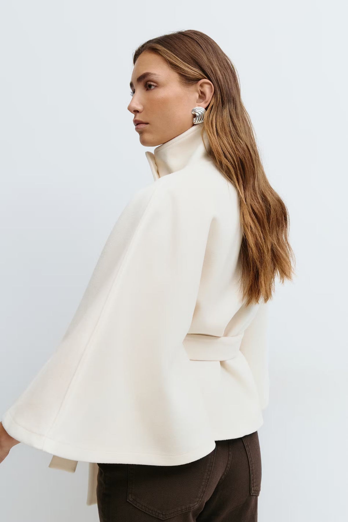 Women's Belted Cape Coat in Khaki - alternate angle showing fit and fabric detail