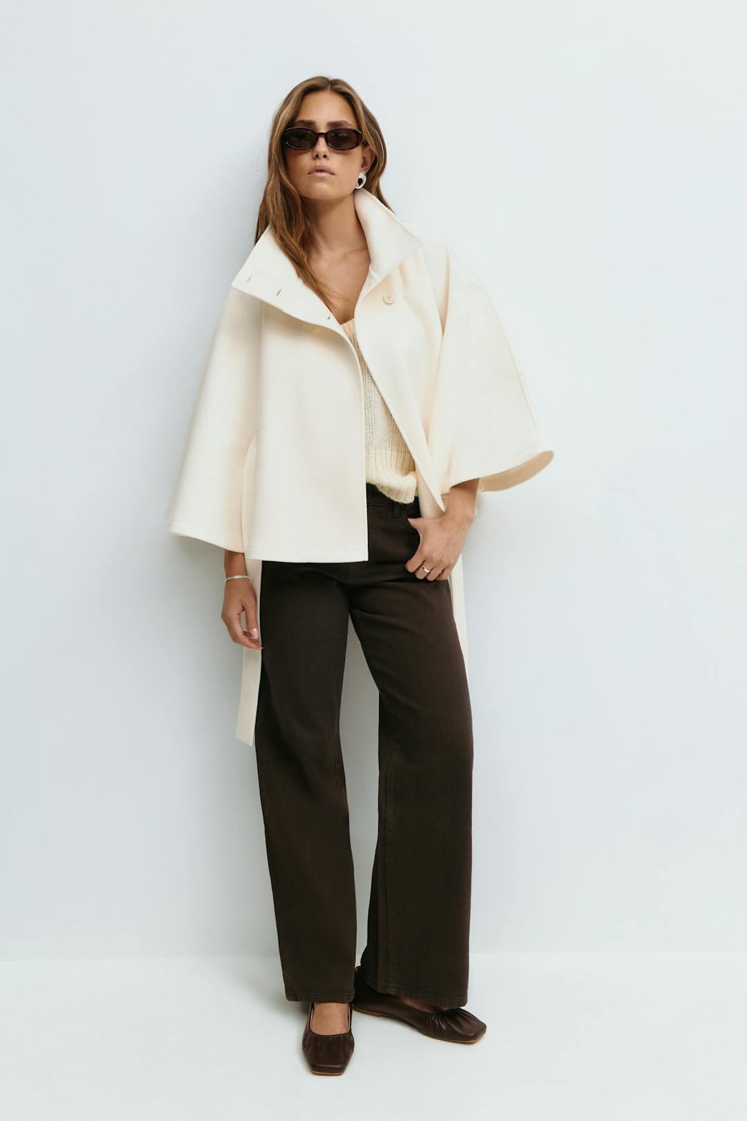Women's Belted Cape Coat in Khaki - alternate angle showing fit and fabric detail