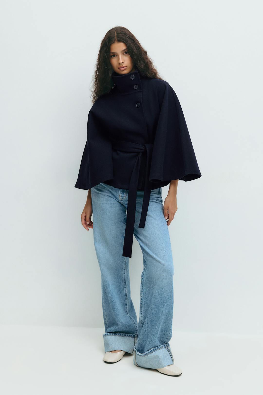 Women's Belted Cape Coat in Khaki - alternate angle showing fit and fabric detail