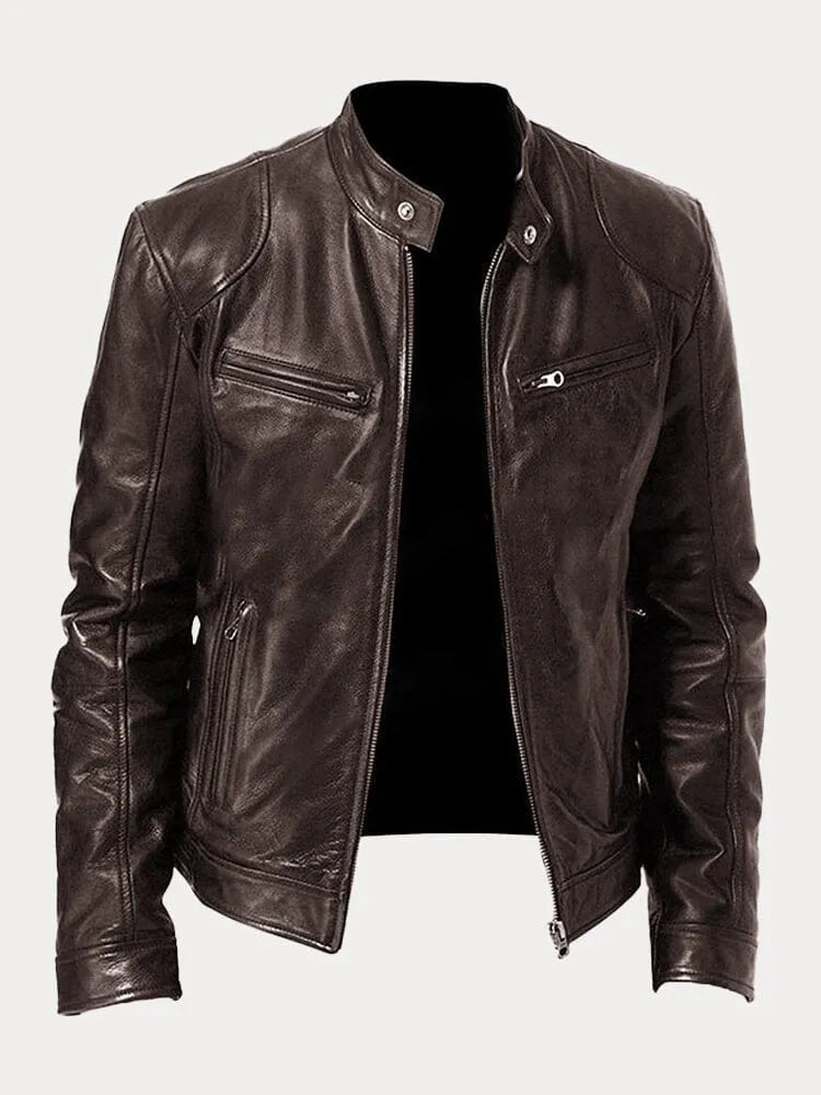 Men's Stand Collar Faux Leather Biker Jacket in Brown - front view
