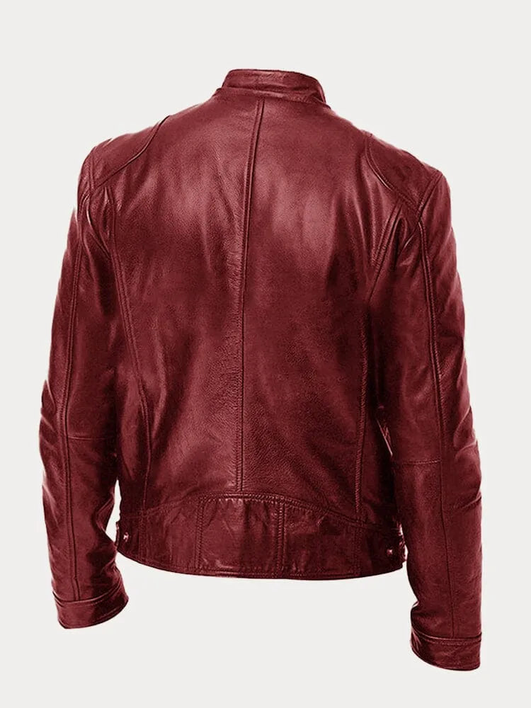 Men's Stand Collar Faux Leather Biker Jacket in Black - alternate angle showing fit and fabric detail