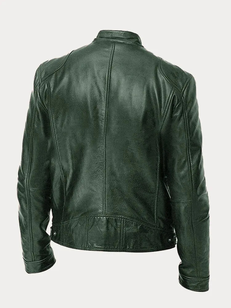 Men's Stand Collar Faux Leather Biker Jacket in Black - alternate angle showing fit and fabric detail