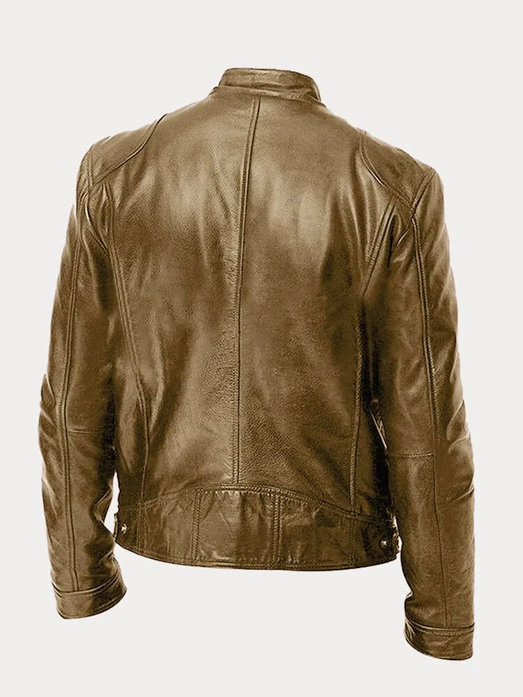 Men's Stand Collar Faux Leather Biker Jacket in Black - alternate angle showing fit and fabric detail