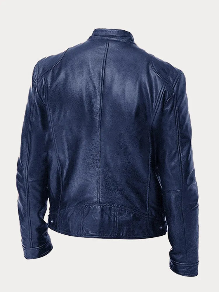 Men's Stand Collar Faux Leather Biker Jacket in Black - alternate angle showing fit and fabric detail