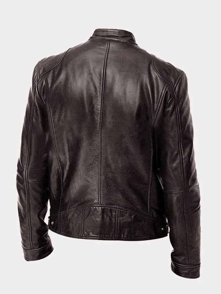 Men's Stand Collar Faux Leather Biker Jacket in Black - alternate angle showing fit and fabric detail