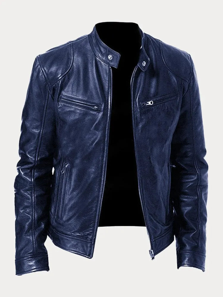 Men's Stand Collar Faux Leather Biker Jacket in Navy - front view