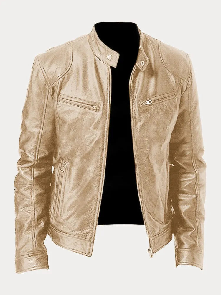 Men's Stand Collar Faux Leather Biker Jacket in Gold - front view