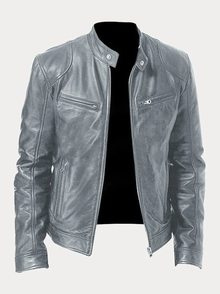 Men's Stand Collar Faux Leather Biker Jacket in Grey - front view