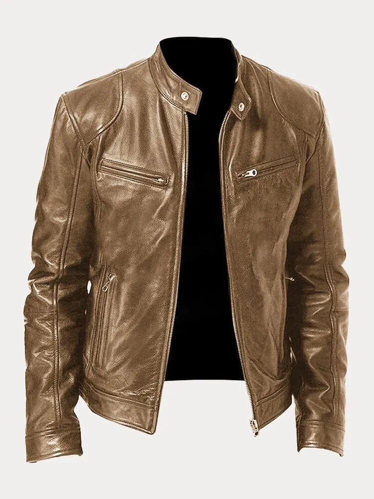 Men's Stand Collar Faux Leather Biker Jacket in Khaki - front view