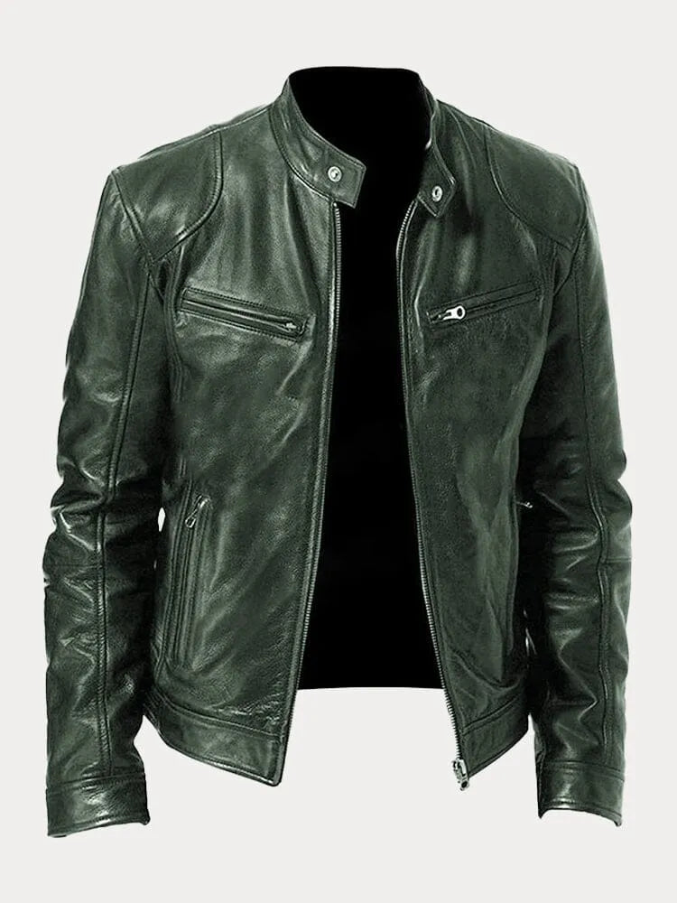 Men's Stand Collar Faux Leather Biker Jacket in Green - front view
