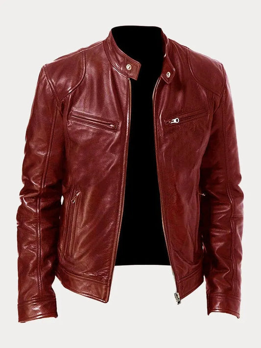 Men's Stand Collar Faux Leather Biker Jacket in Wine Red - front view