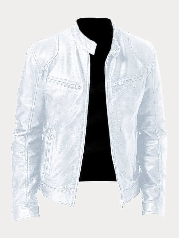 Men's Stand Collar Faux Leather Biker Jacket in White - front view