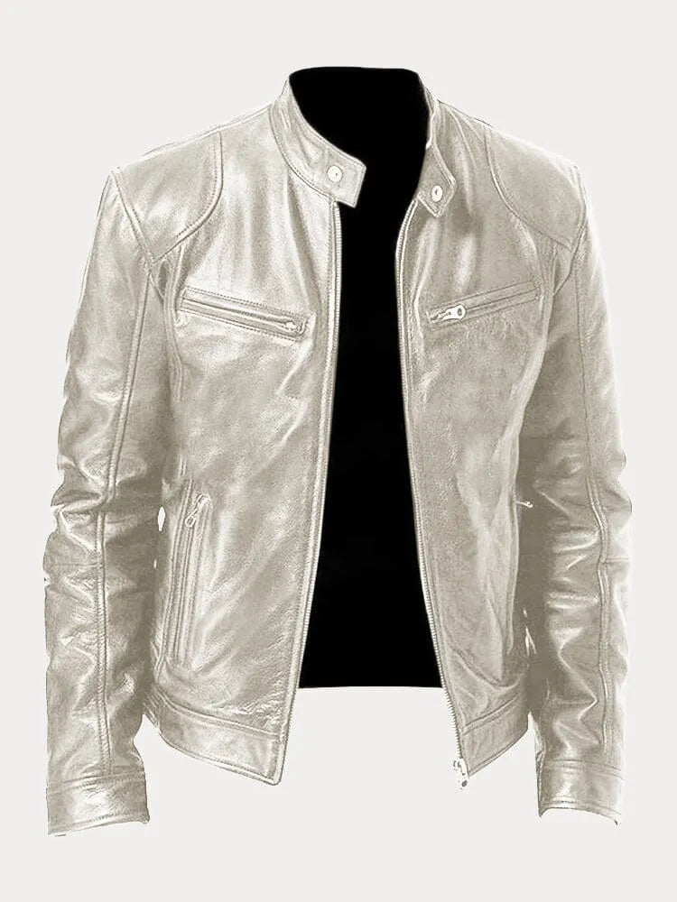 Men's Stand Collar Faux Leather Biker Jacket in Silver - front view