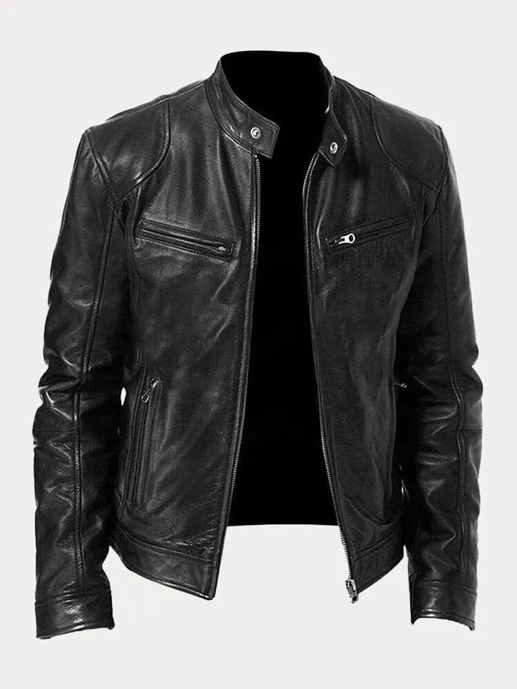 Men's Stand Collar Faux Leather Biker Jacket in Black - front view