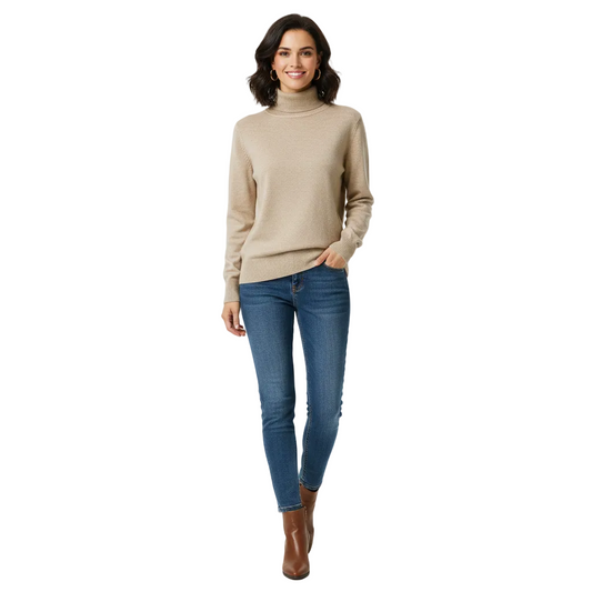 Women's Slim Fit Ribbed Turtleneck Sweater in Beige - front view