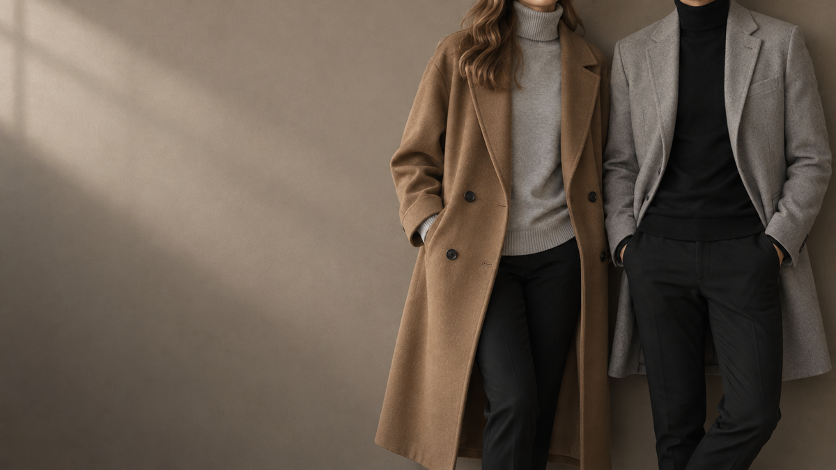 Woman in a camel double-breasted coat and grey turtleneck beside a man in a grey overcoat and black turtleneck