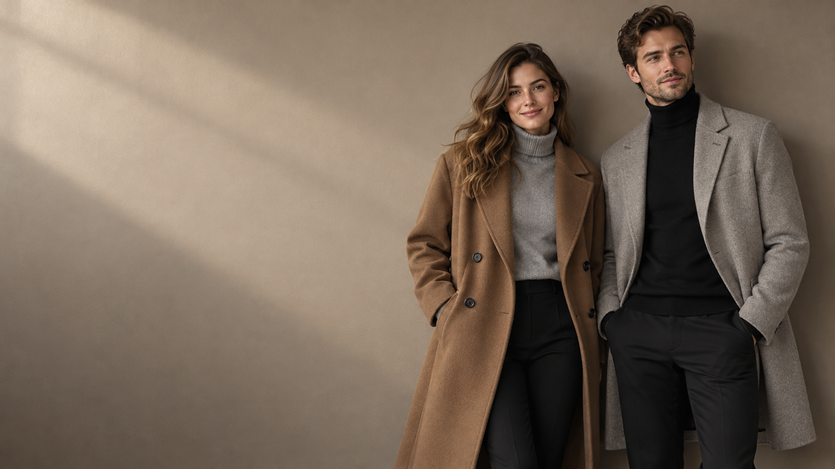 Smiling woman in a camel double-breasted coat and grey turtleneck beside a man in a grey overcoat and black turtleneck