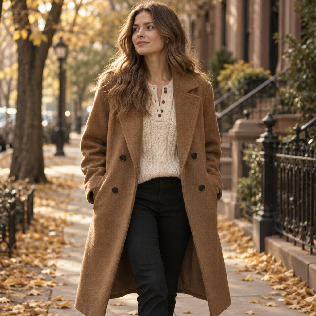 Woman in a camel double-breasted coat and cream cable-knit sweater on an autumn street