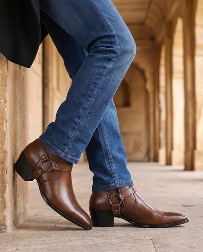 Men's Harness Ankle Boots in Dark Brown - alternate angle showing fit and fabric detail