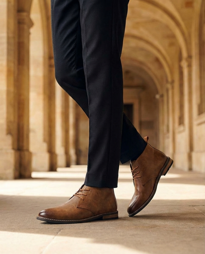 Men's Lace-Up Chukka Boots in Dark Brown - alternate angle showing fit and fabric detail