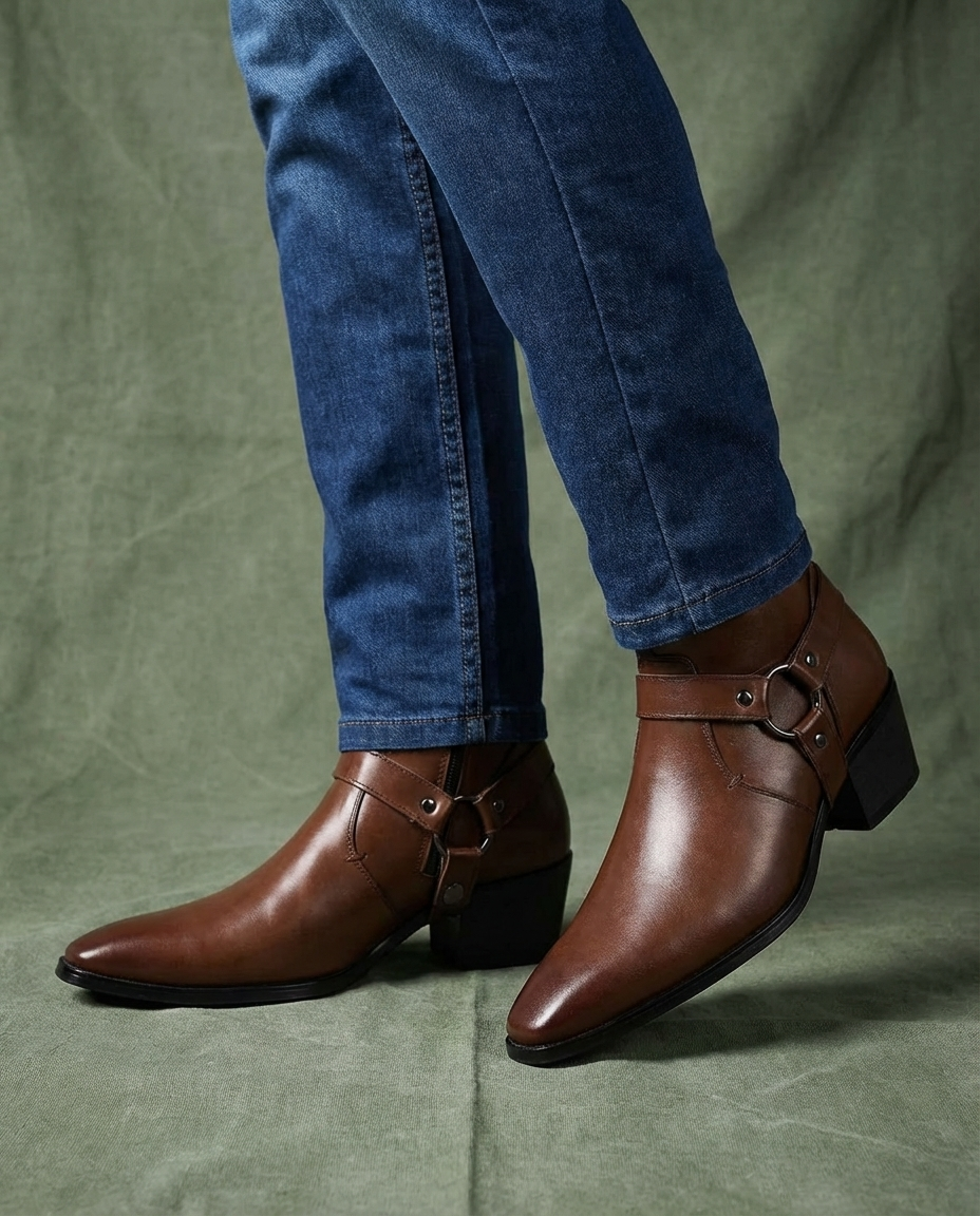 Men's Harness Ankle Boots in Dark Brown - alternate angle showing fit and fabric detail