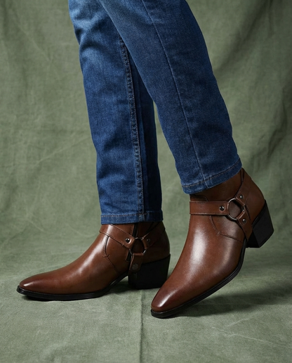 Men's Harness Ankle Boots in Dark Brown - alternate angle showing fit and fabric detail