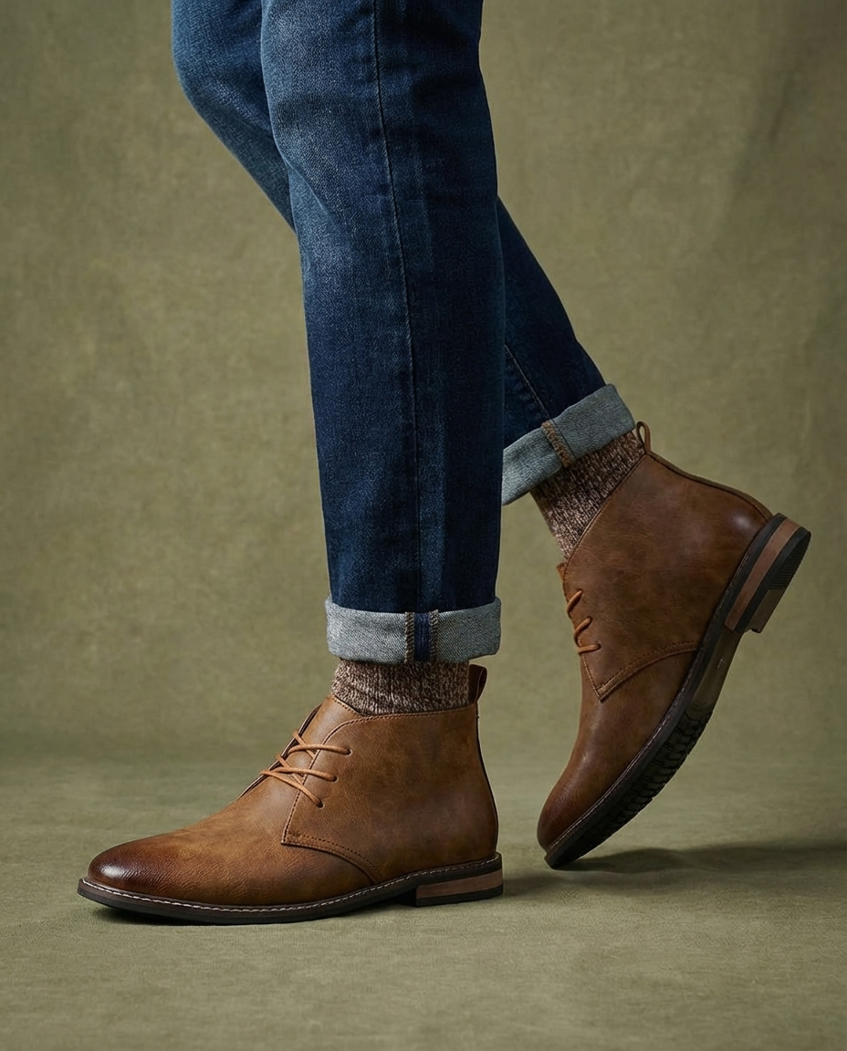 Men's Lace-Up Chukka Boots in Dark Brown - alternate angle showing fit and fabric detail