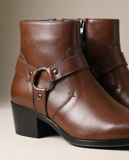 Men's Harness Ankle Boots in Dark Brown - alternate angle showing fit and fabric detail