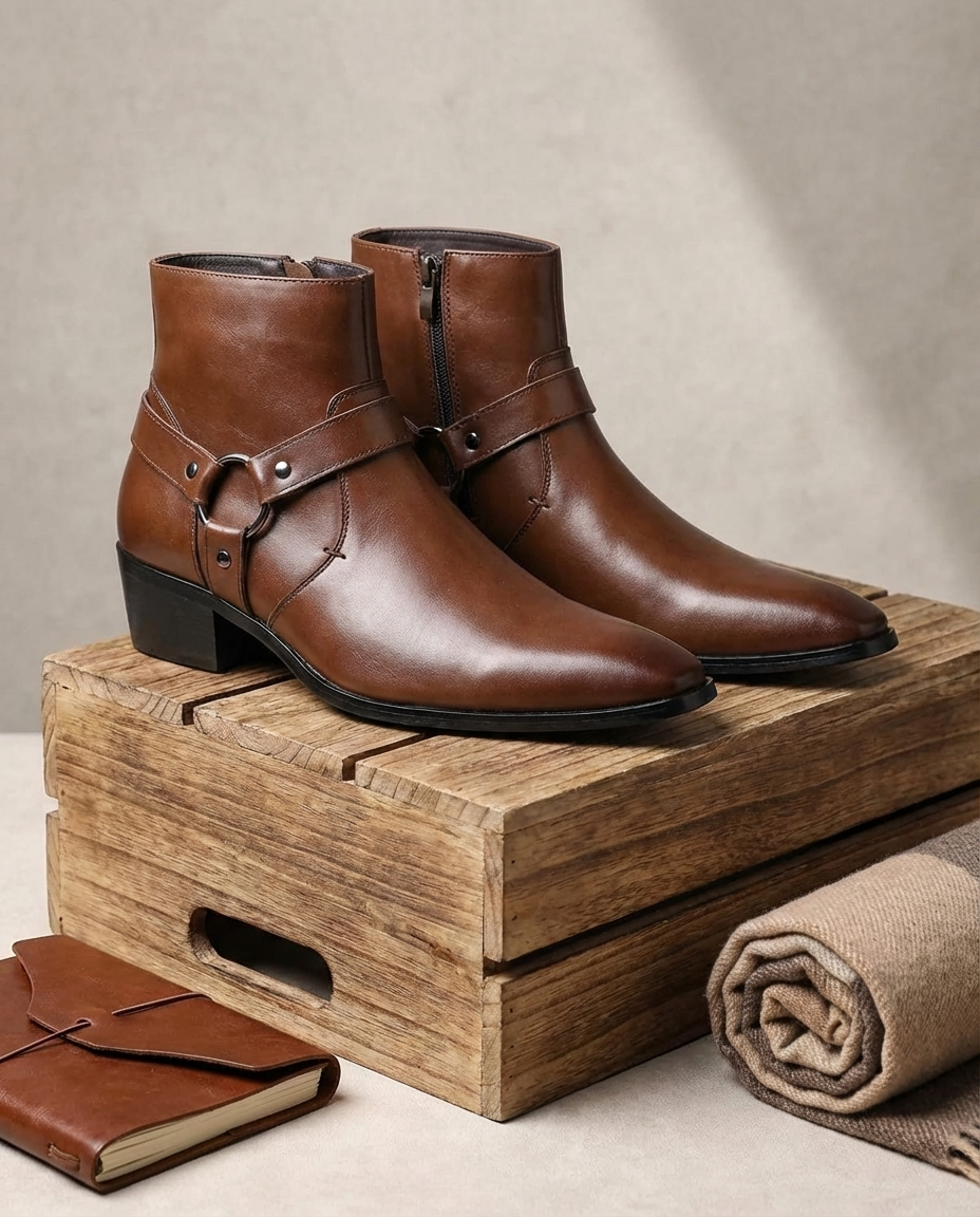 Men's Harness Ankle Boots in Dark Brown - alternate angle showing fit and fabric detail