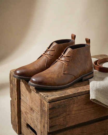 Men's Lace-Up Chukka Boots in Dark Brown - alternate angle showing fit and fabric detail