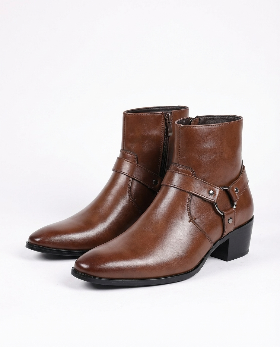 Men's Harness Ankle Boots in Dark Brown - front view