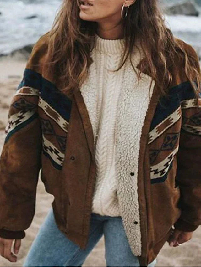 Women's Aztec Pattern Sherpa-Lined Button Jacket in Brown - alternate angle showing fit and fabric detail