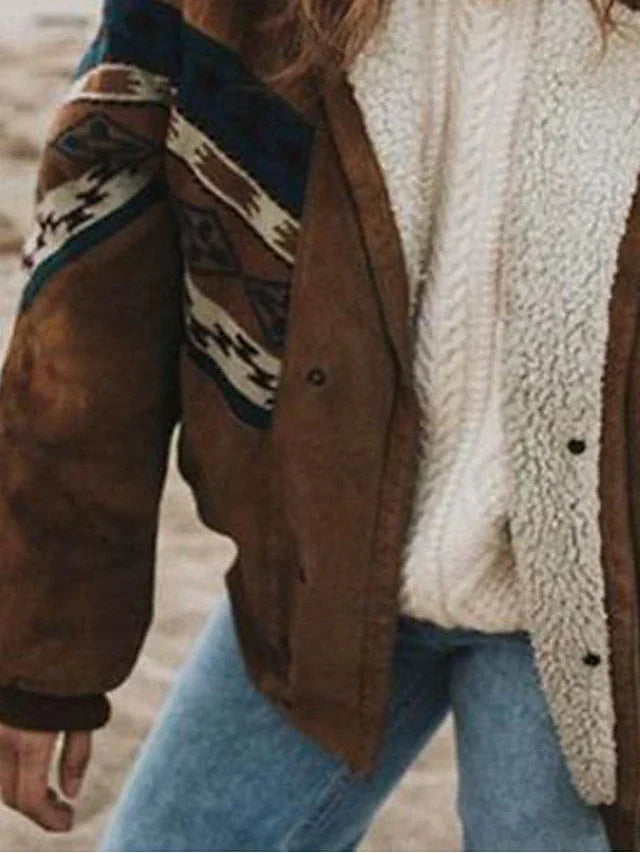 Women's Aztec Pattern Sherpa-Lined Button Jacket in Brown - alternate angle showing fit and fabric detail