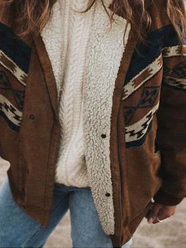 Women's Aztec Pattern Sherpa-Lined Button Jacket in Brown - alternate angle showing fit and fabric detail
