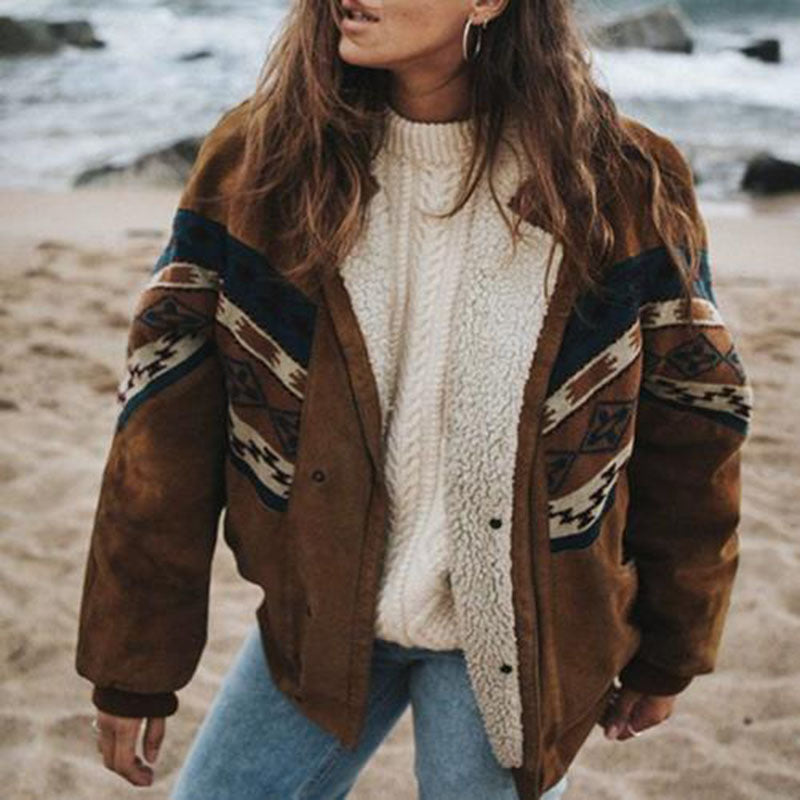 Women's Aztec Pattern Sherpa-Lined Button Jacket in Brown - front view