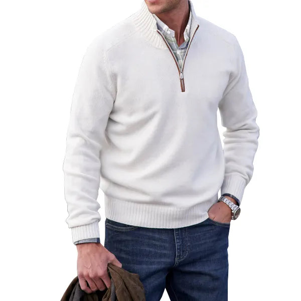 Men's Waffle Knit Quarter-Zip Sweater in White - front view