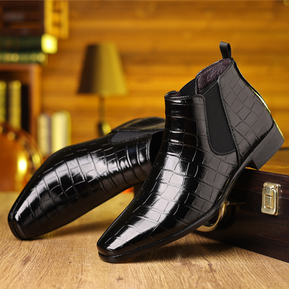 Men's Croc-Embossed Chelsea Boots in Black - front view