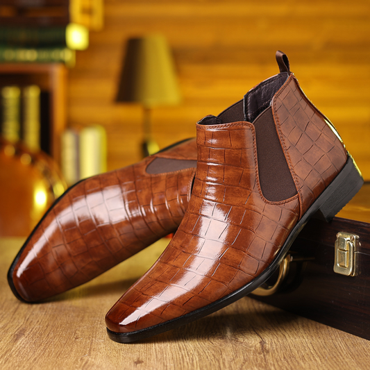 Men's Croc-Embossed Chelsea Boots in Brown - front view