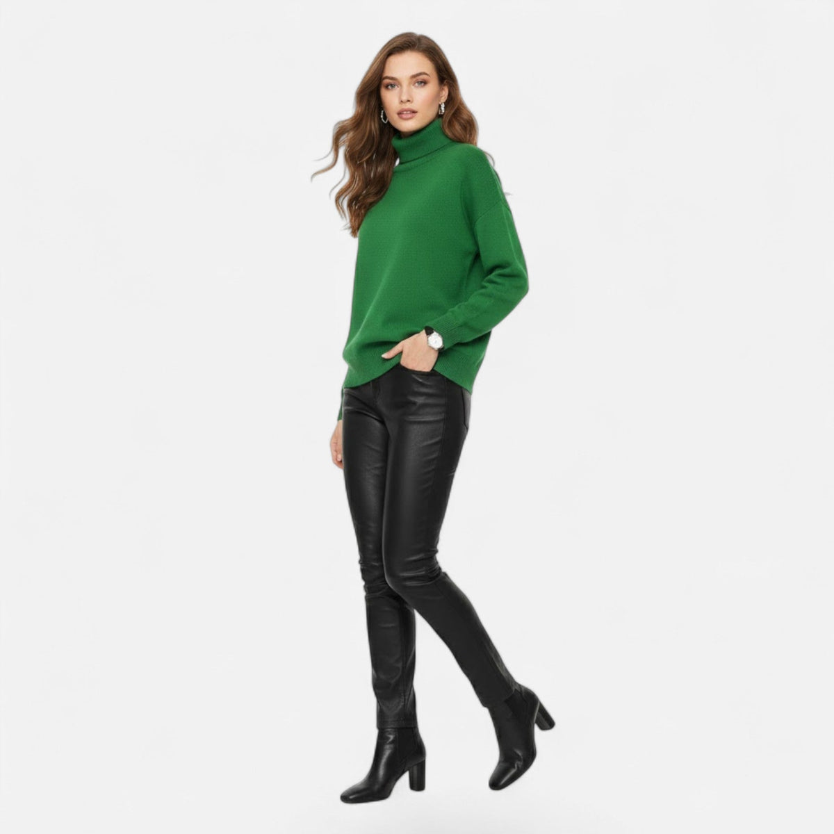 Women's Chunky Knit Turtleneck Sweater in Green - alternate angle showing fit and fabric detail