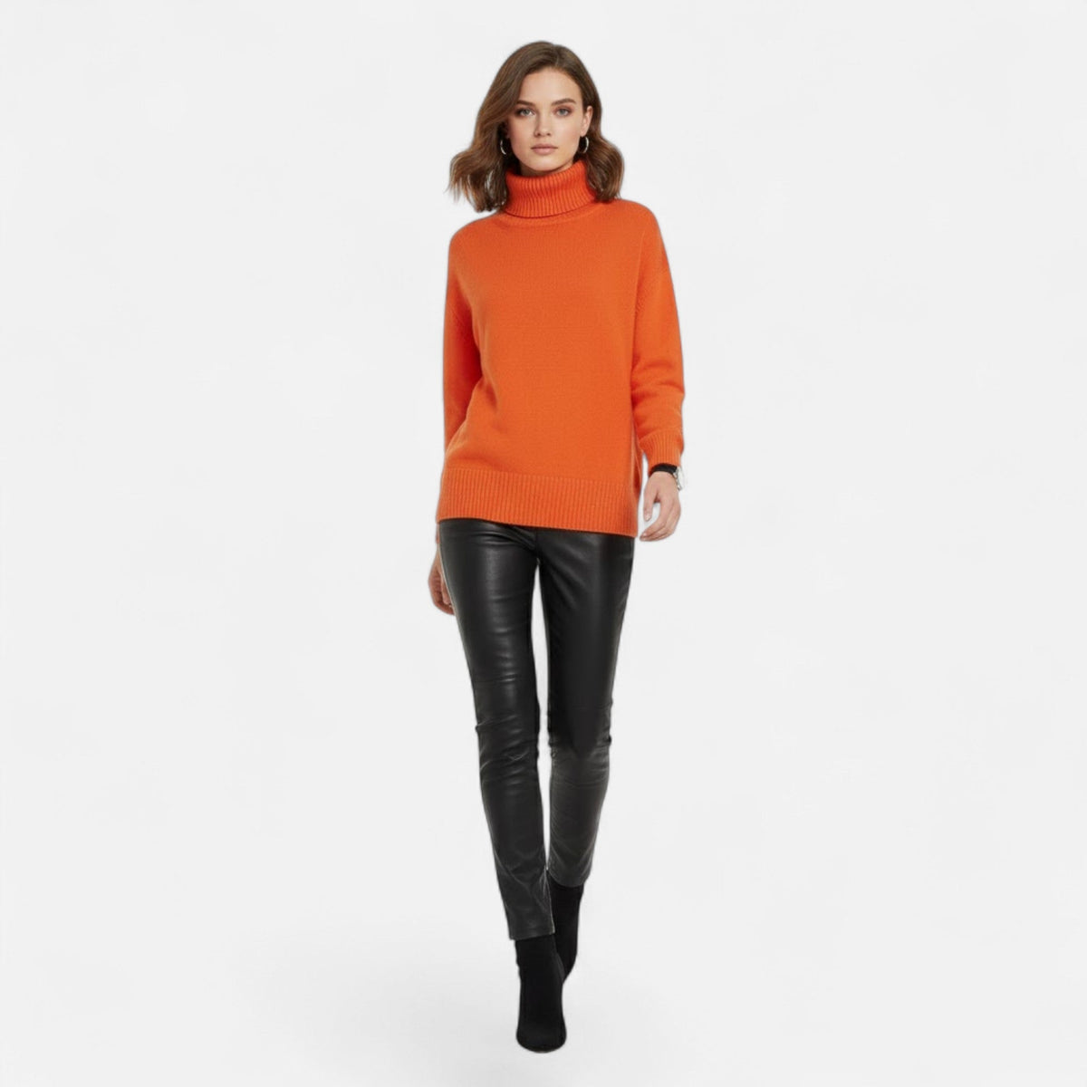 Women's Chunky Knit Turtleneck Sweater in Orange - alternate angle showing fit and fabric detail