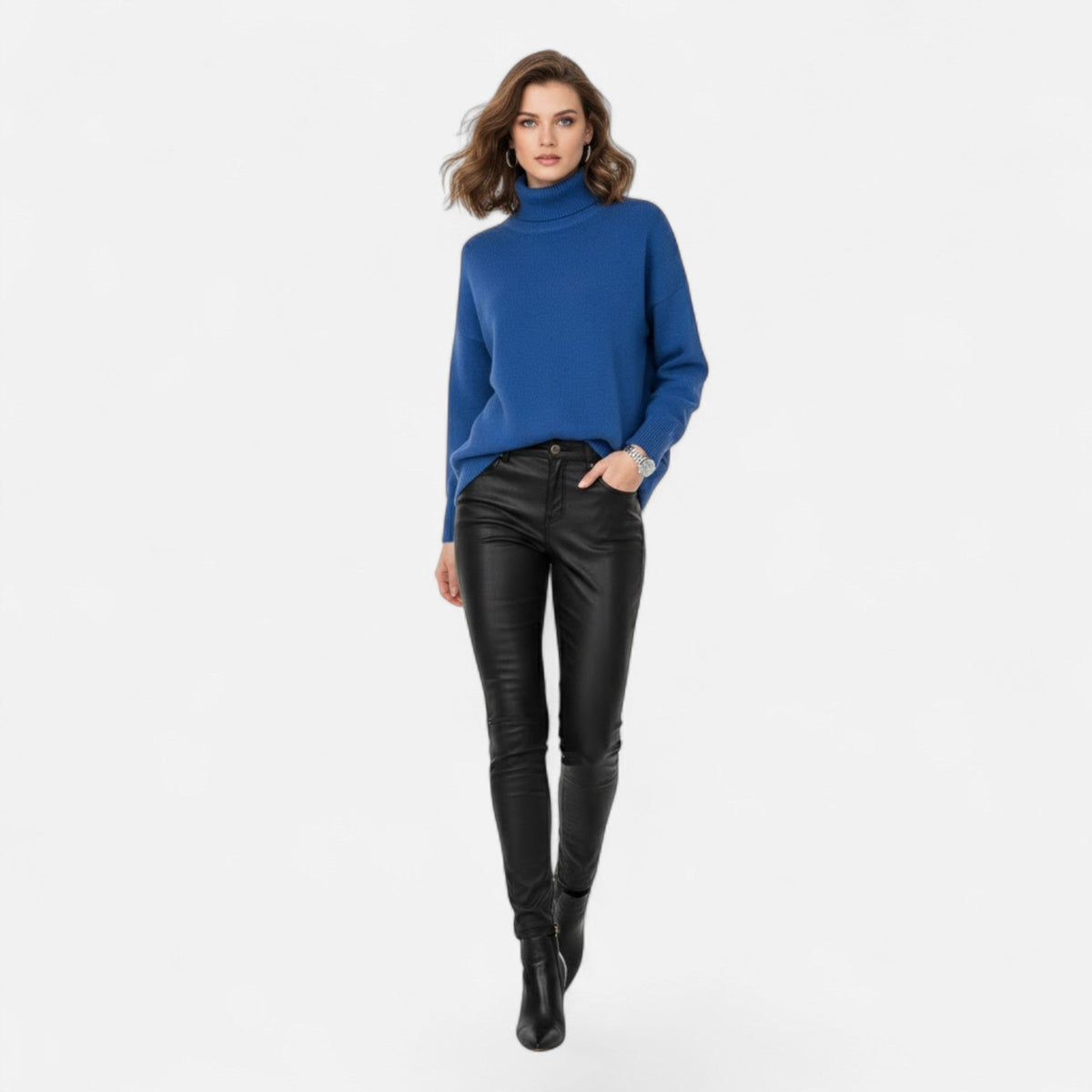 Women's Chunky Knit Turtleneck Sweater in Blue - alternate angle showing fit and fabric detail