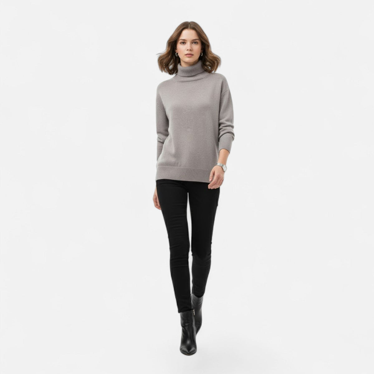 Women's Chunky Knit Turtleneck Sweater in Grey - alternate angle showing fit and fabric detail